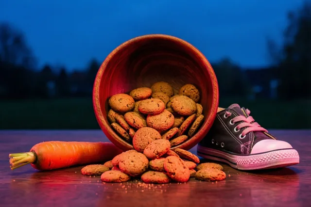 Pepernoten rollen uit een omgekantelde houten kom op een houten ondergrond naast een kindersportschoen en een wortel, met warm rood en oranje licht tegen een donkerblauwe schemerachtergrond.