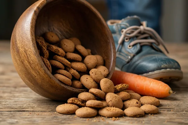 Een omgekantelde houten kom strooit pepernoten over een rustieke houten ondergrond naast een blauwe kinderschoen en een feloranje wortel in warm licht.