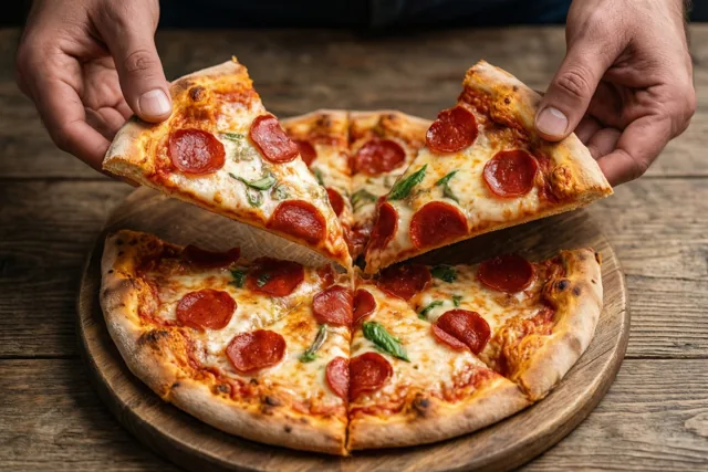 Twee handen nemen stukken van een pepperonipizza op een houten serveerplank op een rustieke houten tafel in warm licht.