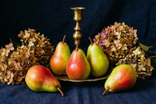 Peren, een messing kandelaar en gedroogde hortensia's liggen op donker linnen tegen een diepblauwe achtergrond, in rode, groene en gouden tinten.