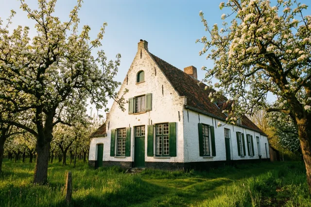 Een witgekalkte Vlaamse hoeve met groene luiken staat in een grasveld tussen oude bloeiende perenbomen onder een helderblauwe hemel.