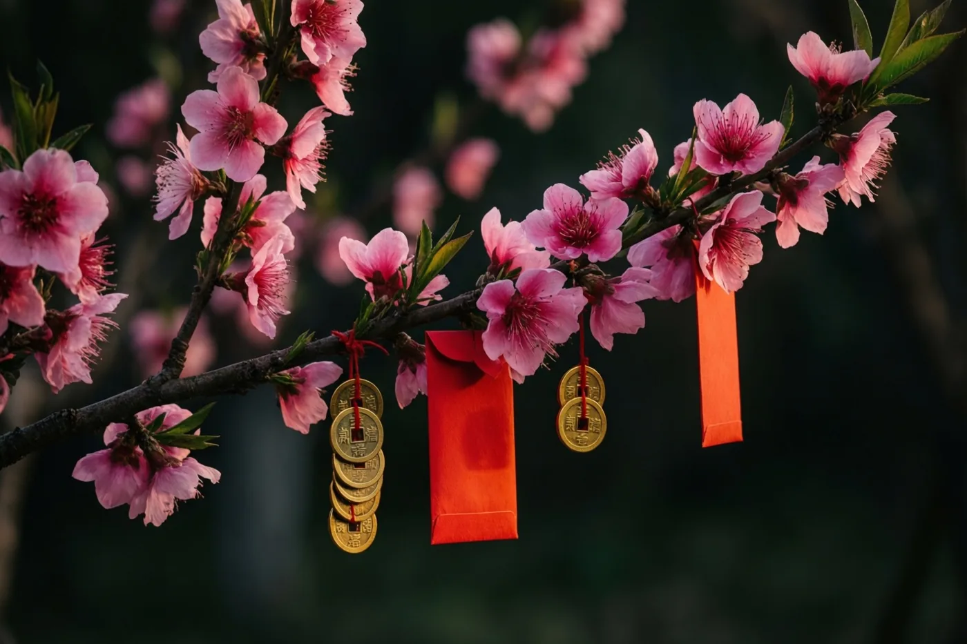 Een tak met roze perzikbloesems is versierd met rode enveloppen en snoeren gouden munten tegen een donkere, onscherpe achtergrond.