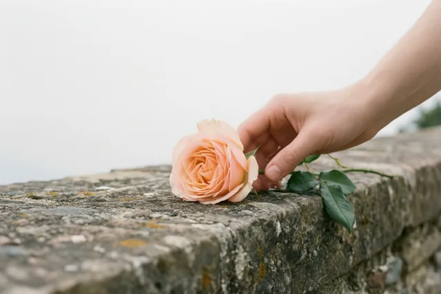 Een hand legt een perzikkleurige roos op een verweerde stenen muur onder een egaal bewolkte hemel.