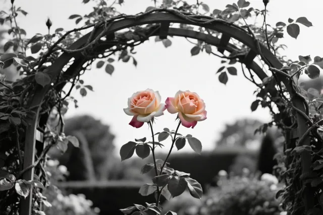 Twee perzikkleurige klimrozen bloeien onder een begroeide houten tuinboog, terwijl de rest van de foto in zwart-wit is.