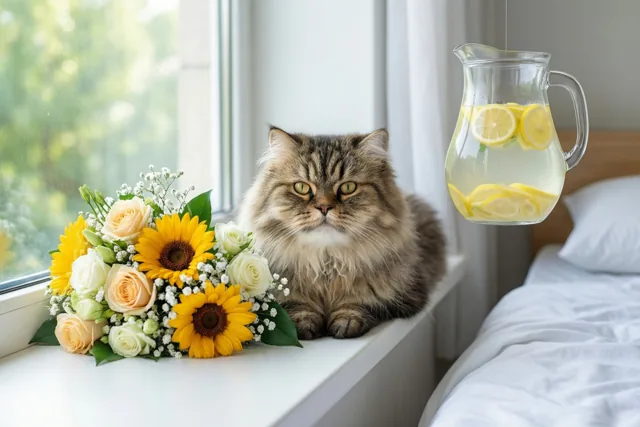 Een pluizige Perzische kat zit op een vensterbank naast zonnebloemen en rozen, bij een bed met wit beddengoed waarboven een glazen kan citroenwater hangt.