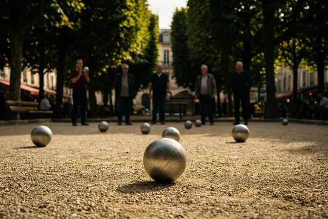 Van laag bij de grond zijn metalen petanqueballen op grind te zien, met vijf mannen op de achtergrond onder rijen platanen in warm zonlicht.