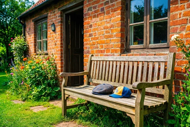 Een platte pet en een kinderpet liggen op een houten bank bij de voordeur van een rood bakstenen huisje, in een zonnige tuin met groen gras en kleurrijke bloemen.