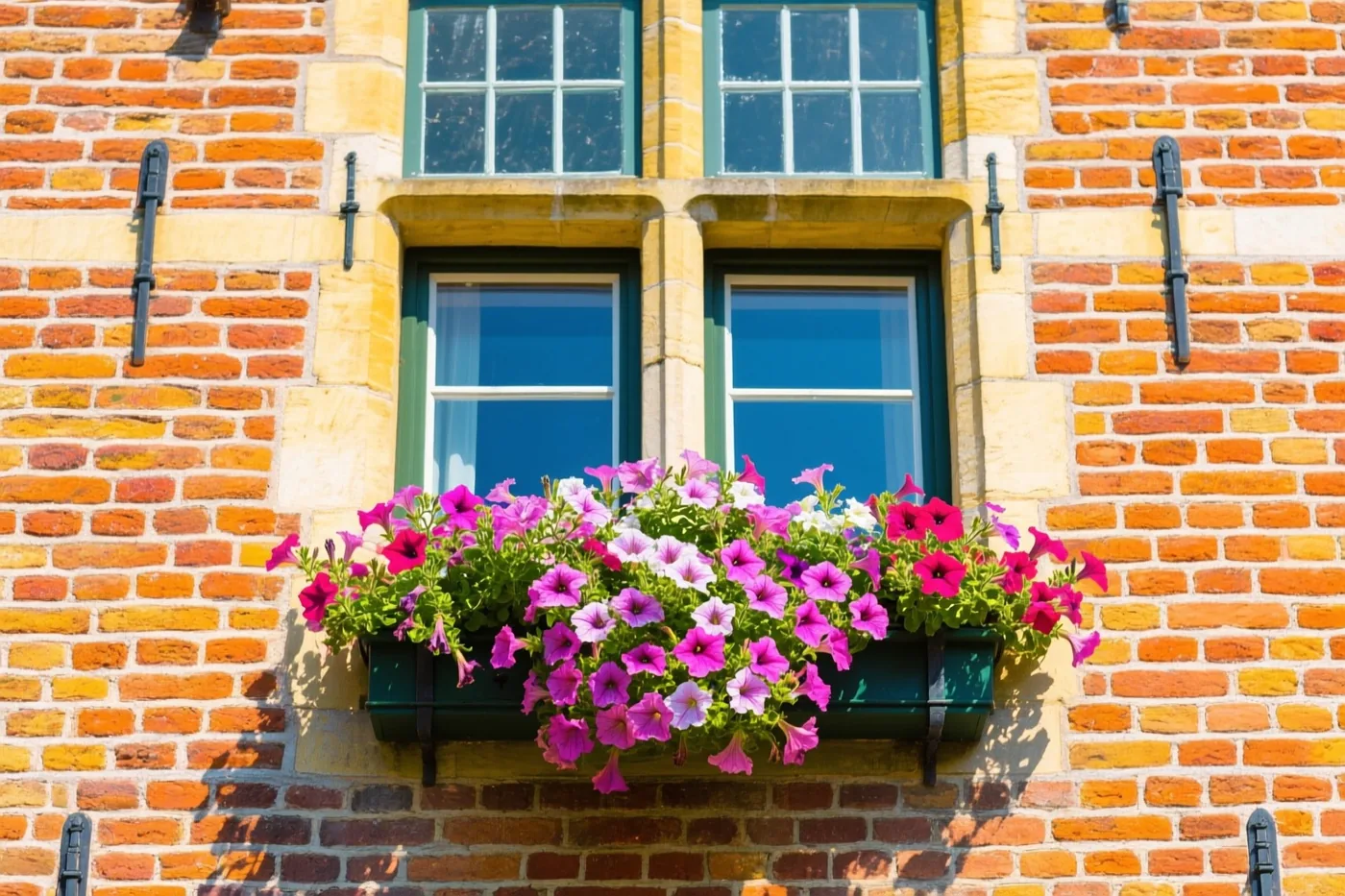Een bloembak vol roze en paarse petunia's hangt aan een traditionele Vlaamse bakstenen woning met groene raamkozijnen in zonnig daglicht.