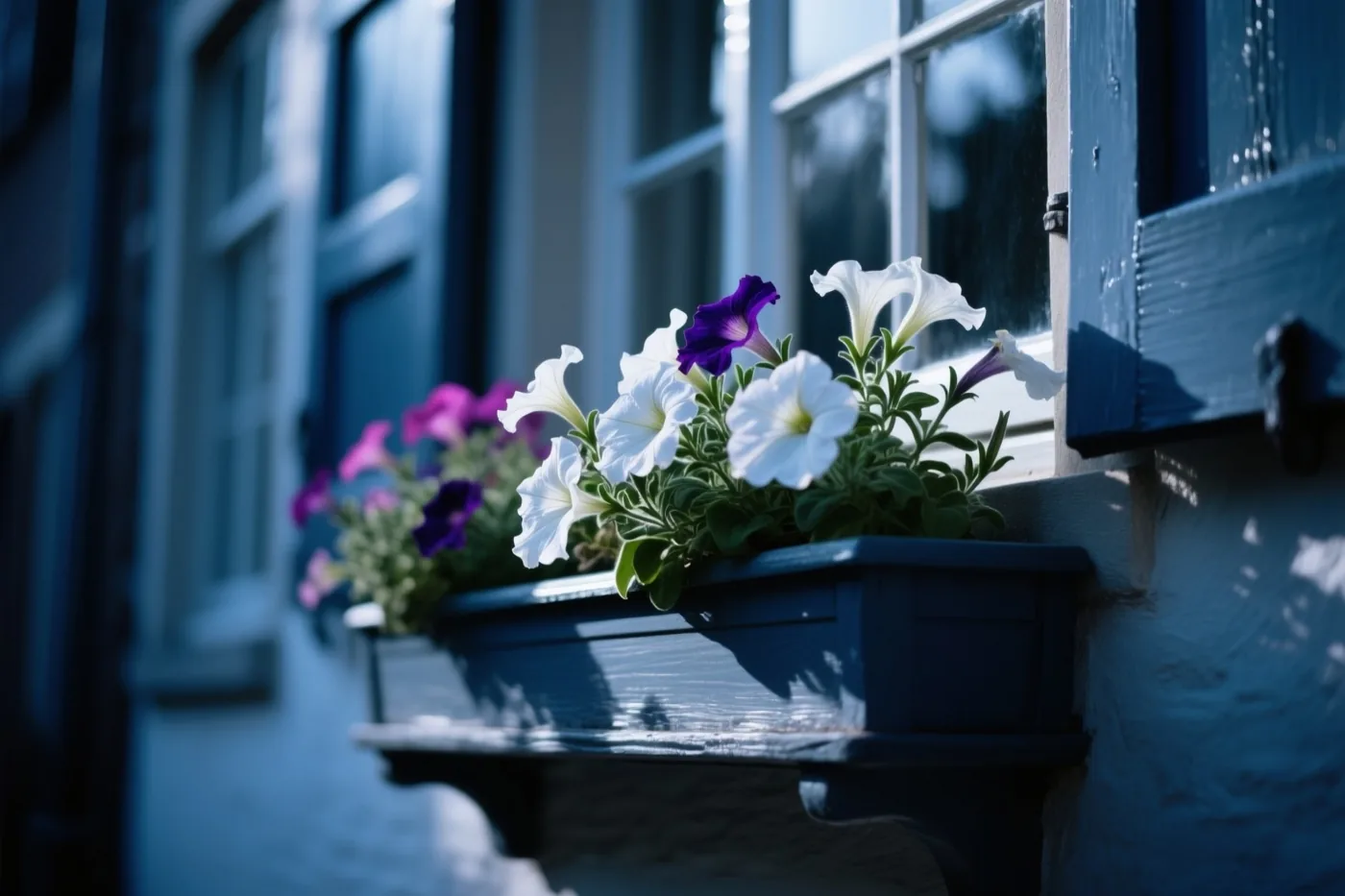 Een bloembak met witte en paarse petunia's staat op een blauwgeschilderde houten vensterbank van een traditioneel Vlaams huis in koel blauw licht.