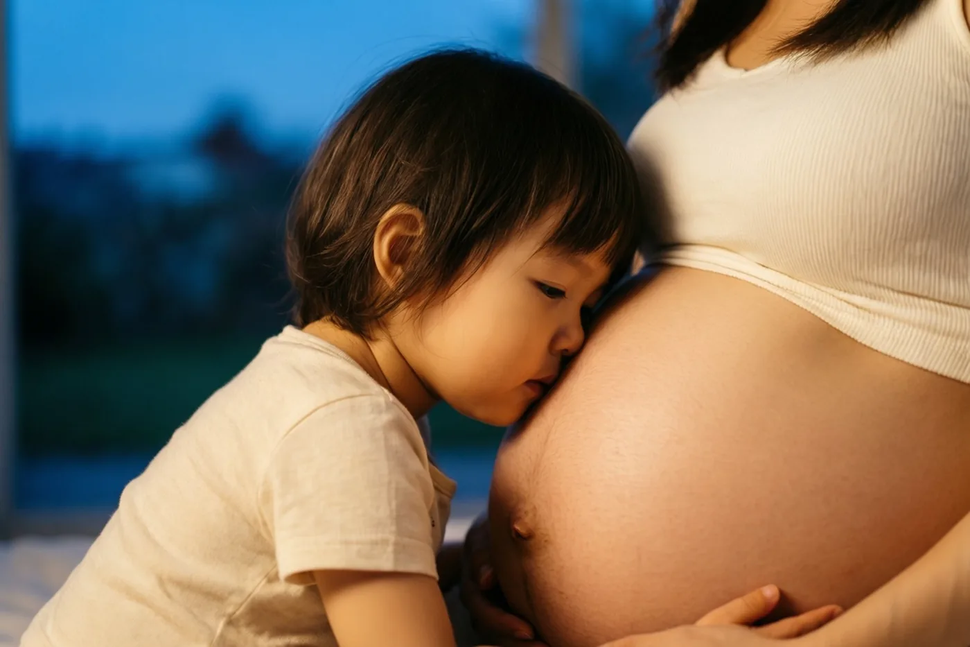 Van achter de peuter is te zien hoe ze haar wang tegen de ronde zwangere buik van haar mama legt, in warm licht tegen een blauwe achtergrond.