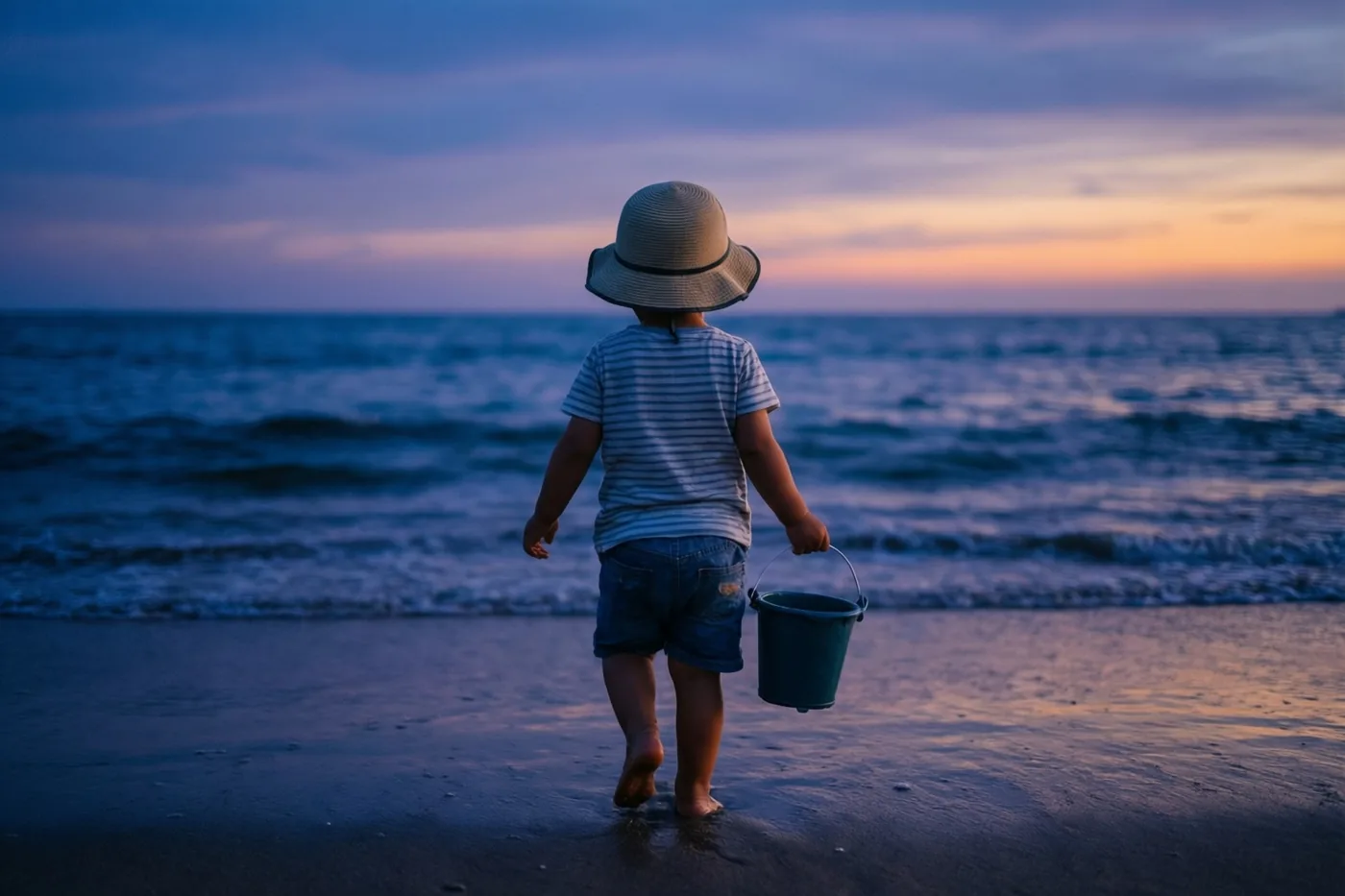 Een peuter met een zonnehoed en een emmertje loopt blootsvoets over het strand naar de zee bij zonsondergang, onder een blauw-oranje hemel.
