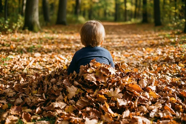 Een peuter zit met de rug naar de camera in een grote hoop herfstbladeren in een bos met warm goudkleurig zonlicht.