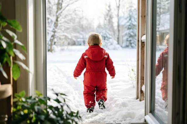 Door een raam is een peuter in een rood sneeuwpak van achteren te zien die door diepe, verse sneeuw loopt, met bomen op de achtergrond.