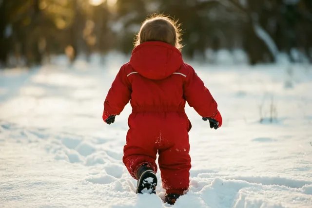 Een peuter in een rood sneeuwpak loopt met de rug naar de camera door diepe, verse sneeuw in een bos met warm zonlicht.