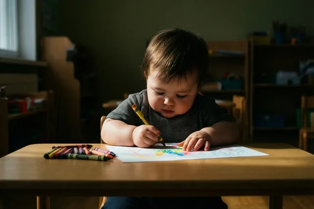 Een peuter met mollige handjes kleurt met waskrijtjes op papier aan een houten schooltafel, in een schemerige kamer met daglicht door een raam.
