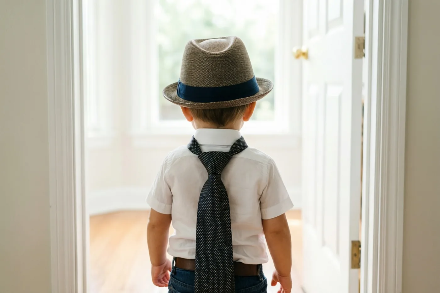 Een peuter met een kleine fedora en een grote das staat van achteren gezien in een helder verlichte deuropening met witte muren en een houten vloer.