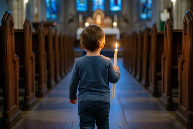 Een peuter met kort bruin haar loopt van achteren gezien door een schemerige kerk met houten banken en glasramen, met een brandende witte doopkaars in de rechterhand.