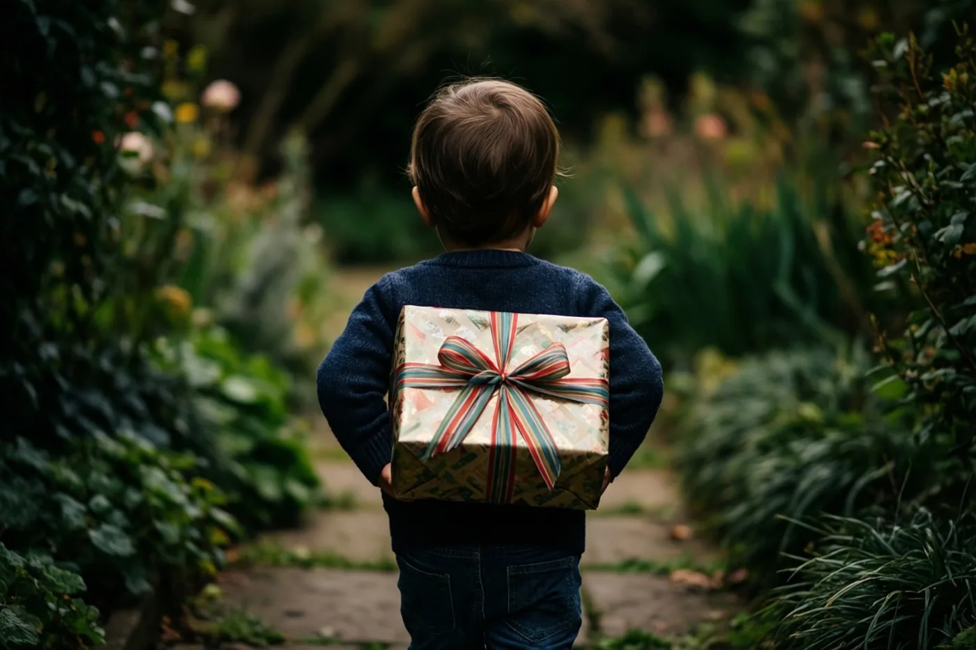 Een peuter loopt van de camera weg over een tuinpad met een groot ingepakt cadeau in een weelderige groene tuin.