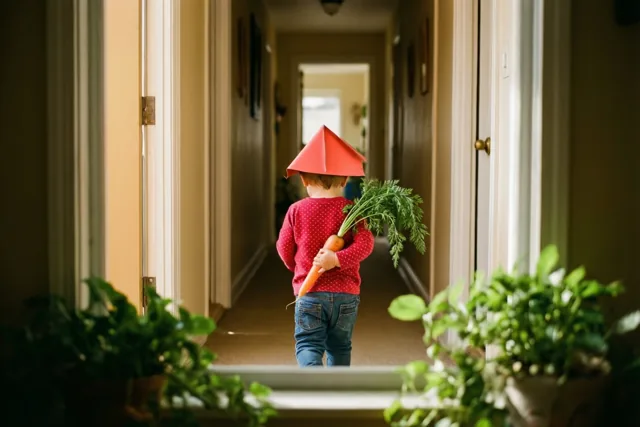 Een peuter loopt met de rug naar de camera door een warm verlichte gang met beige muren en groene potplanten, met een rode papieren mijter op en een grote wortel met loof in de hand.