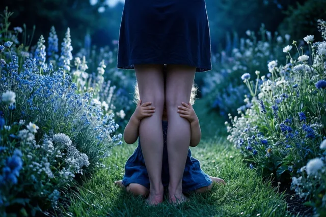 Een peuter is van achteren te zien terwijl die de benen van een vrouw omhelst in een tuin met blauwe en witte bloemen.
