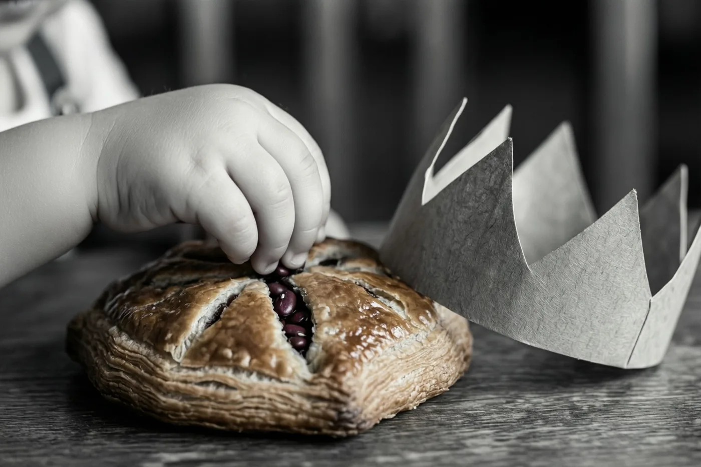 Een peuterhand haalt een boon uit een gebakken galette op een houten ondergrond, met een papieren kroon ernaast, in een zwart-wit beeld.