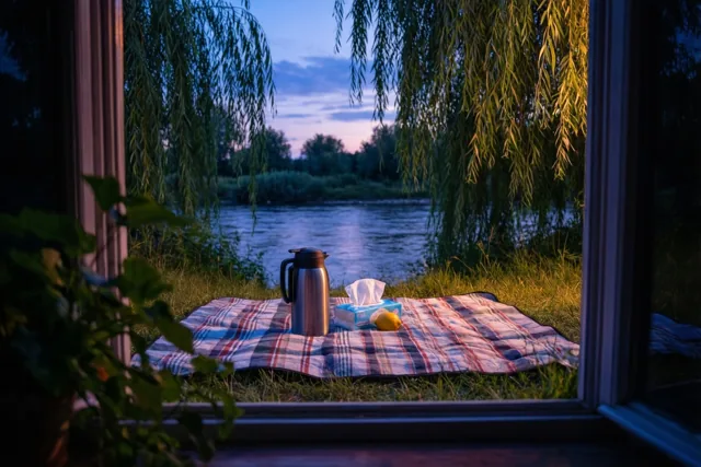 Door een open raam is een picknickdeken met een thermos, zakdoekjes en een citroen te zien onder treurwilgen aan een rivier in goudkleurig licht onder een paarsblauwe hemel.