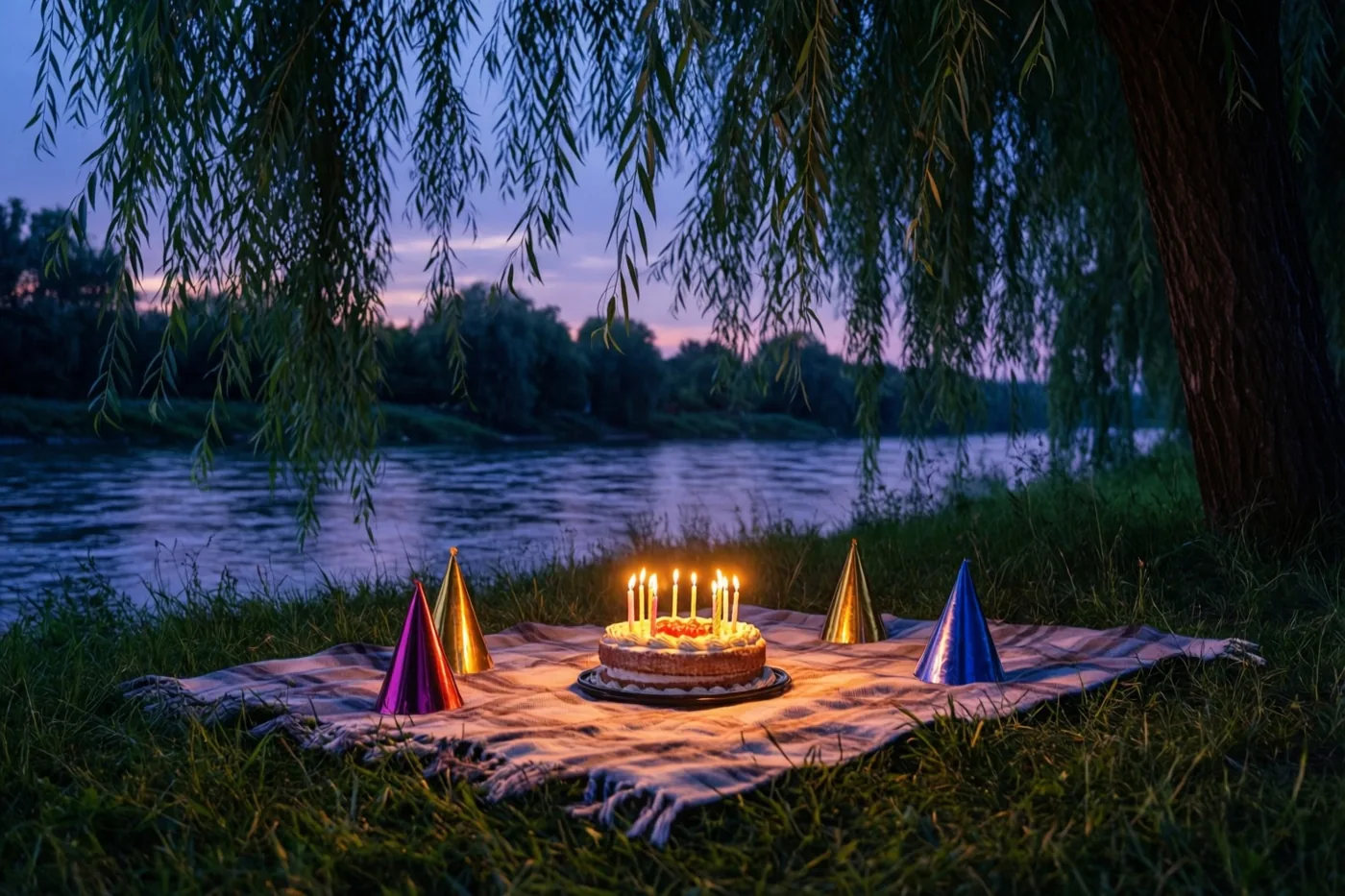 Een taart met brandende kaarsjes staat tussen kleurrijke feesthoedjes op een deken aan een grasrijke rivieroever onder een wilg, bij een paarsblauwe schemerhemel.