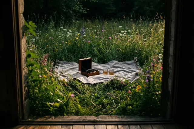 Door een houten raam is een picknickdeken met een open houten ringdoosje en twee glazen te zien in een zonnige weide met wilde bloemen.