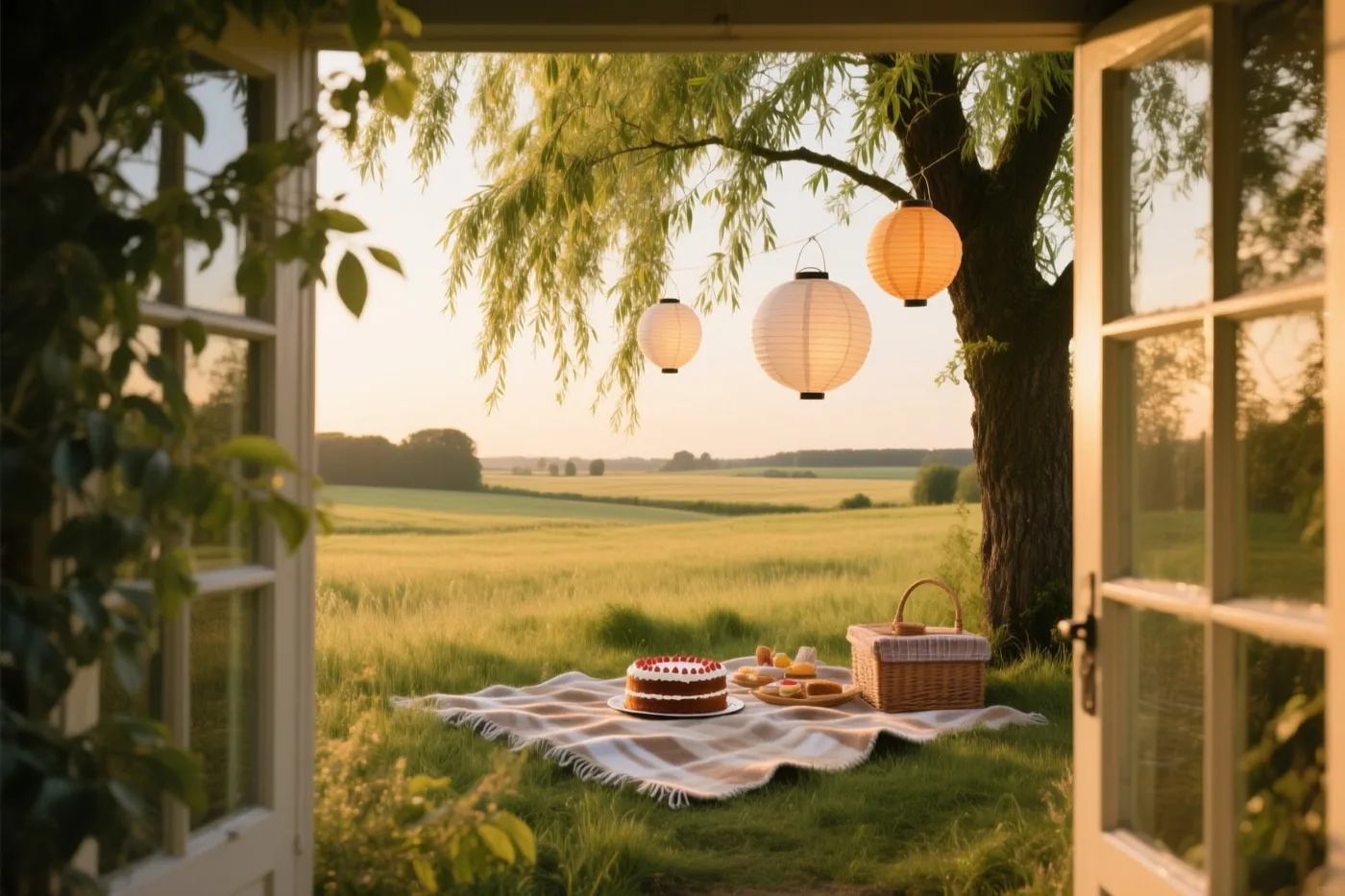 Door een open raam is een picknick met een taart en een mand op een deken in een weide te zien, met papieren lampions in een wilg en goudkleurig licht.