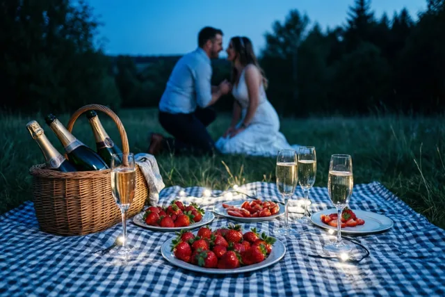 Champagne en aardbeien staan bij schemering op een geruit picknickdeken, met op de achtergrond een koppel van wie één persoon knielt.