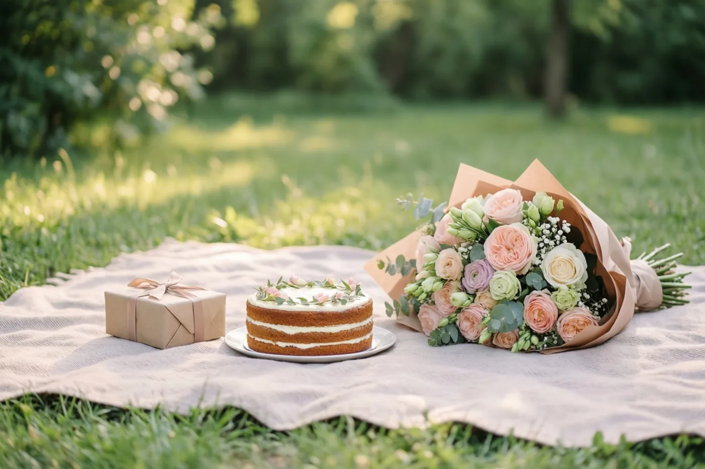 Op een picknickdeken op het gras in een zonnige tuin liggen een gelaagde taart, een ingepakte geschenkdoos en een boeket pastelkleurige rozen.