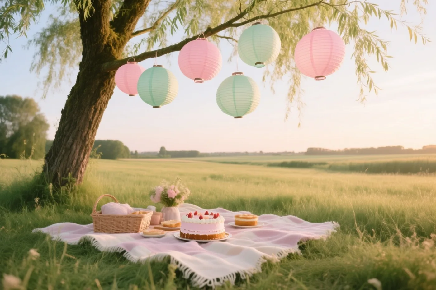 Een taart en een mand staan op een roze-witte deken onder een wilg in een Vlaamse weide, met roze en mintgroene papieren lampionnen aan de takken in goudkleurig licht.