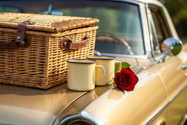 Een rieten picknickmand, twee geëmailleerde kopjes en een rode roos staan op de motorkap van een crèmekleurige oldtimer in warm zonlicht.
