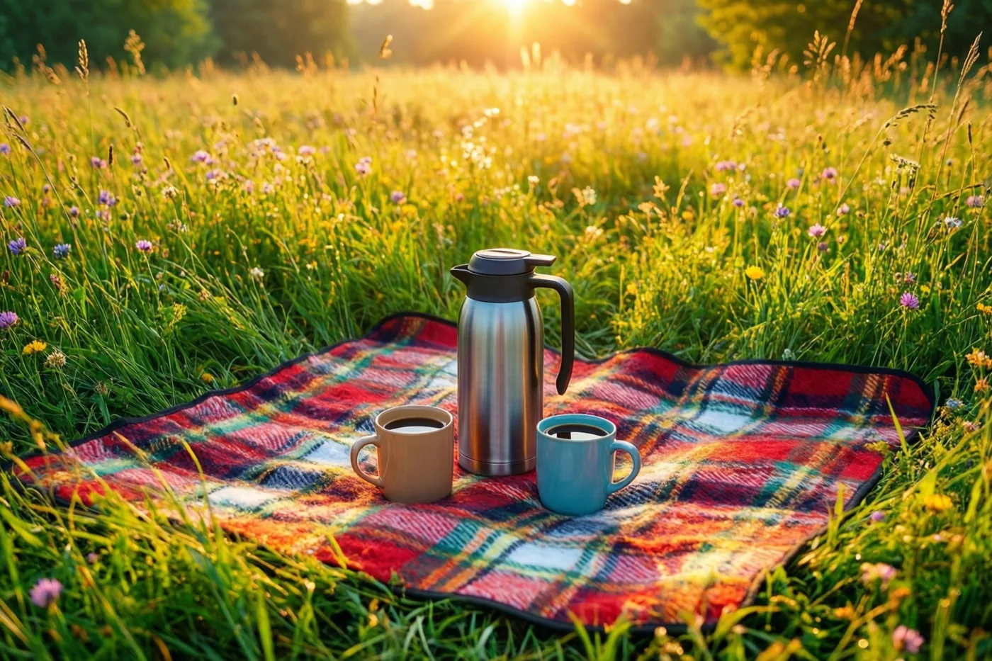Een picknickdeken met een thermos en twee mokken ligt in een weide met groen gras en wilde bloemen, verlicht door de gouden zonsopgang.