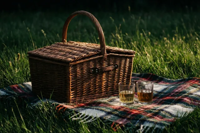 Een rieten picknickmand staat op een geruite deken op groen gras naast twee gevulde glazen in warm, goudkleurig zonlicht.