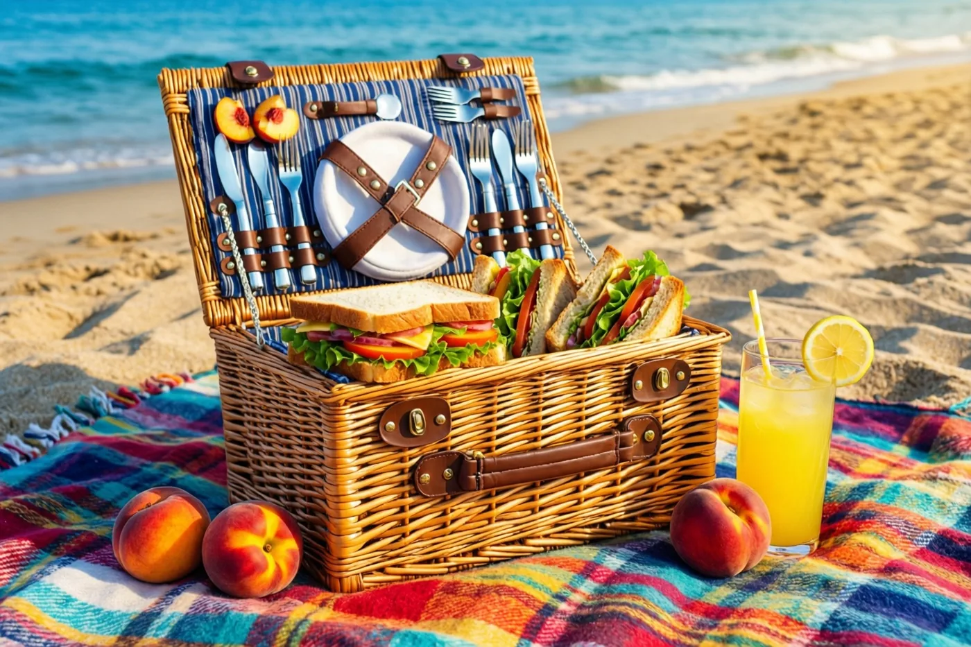 Een open rieten picknickmand met belegde boterhammen, perziken en een glas limonade staat op een kleurrijk geruit deken op een zonnig zandstrand aan zee.