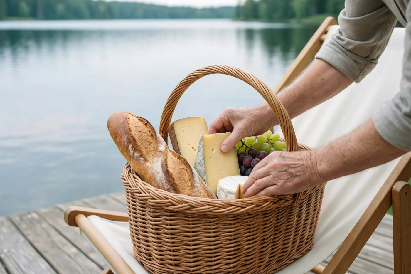 Oudere handen pakken een rieten picknickmand met brood, kaas en druiven uit op een houten ligstoel bij een rustig meer.