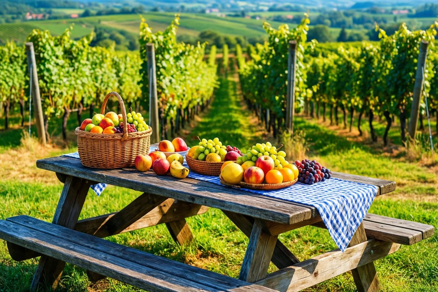 Op een houten picknicktafel staan manden en kommen met vers fruit, met zonnige glooiende wijngaarden en groen gras op de achtergrond.