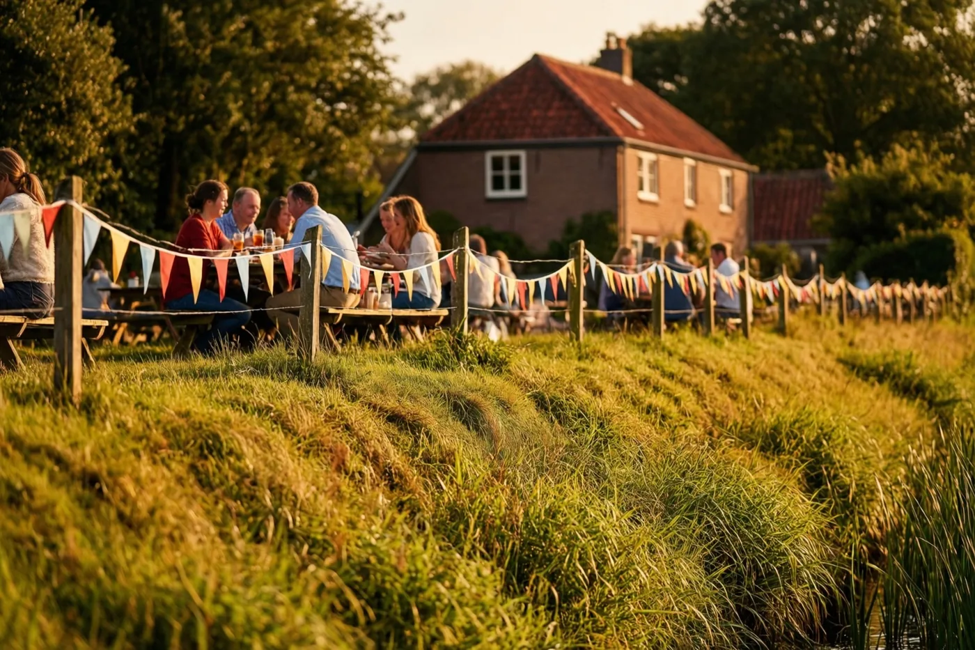 Mensen picknicken aan houten tafels langs een groene polderdijk onder kleurrijke vlaggetjes, met een bakstenen hoeve met een rood pannendak in het warme gouden zonlicht op de achtergrond.
