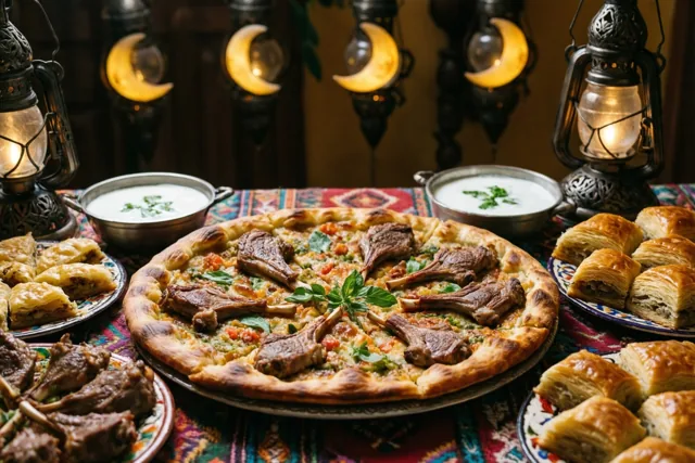 Een grote pide met lamsvlees staat op een feesttafel met borden baklava en kommen ayran, onder hangende maansikkelvormige lantaarns boven een kleurrijk tafelkleed met patronen.