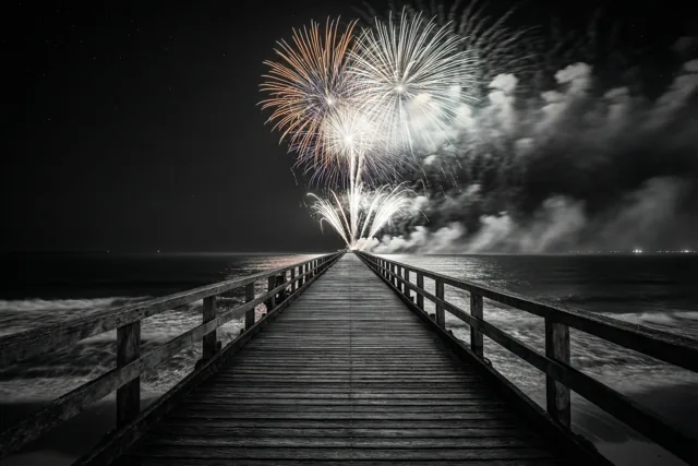 Een houten pier strekt zich uit in zee in een overwegend zwart-wit beeld, met oranje en witte accenten van vuurwerk in de nachtlucht.
