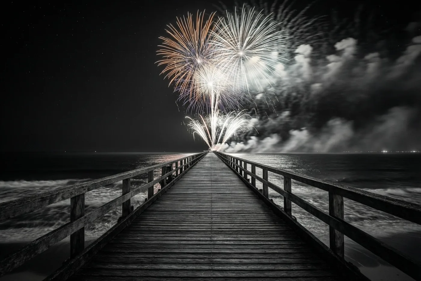 Een houten pier strekt zich uit in zee in een overwegend zwart-wit beeld, met oranje en witte accenten van vuurwerk in de nachtlucht.