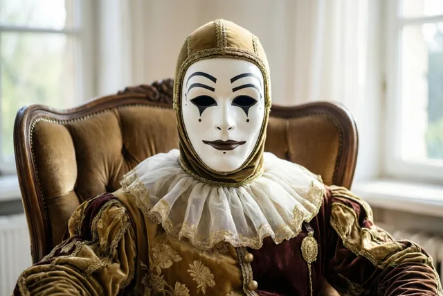 Een persoon in een oud Pierrotkostuum met een wit masker zit in een oude fluwelen fauteuil, in een beeld met bruine, gouden en witte tinten.