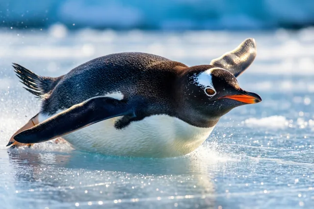 Een pinguïn glijdt op zijn buik over glad glinsterend ijs met zijn vleugels naar achteren in een helder blauw-wit ijslandschap.