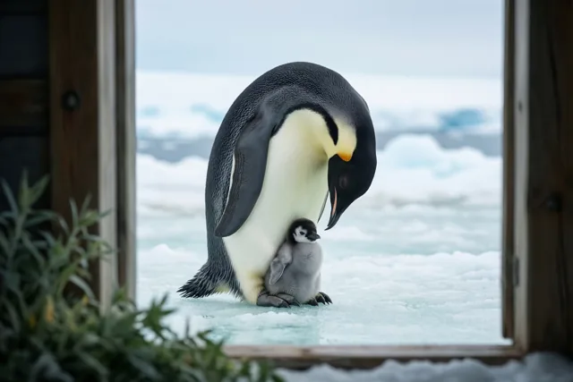 Door een raam met houten kader is een moederkeizerspinguïn te zien die zich naar haar grijze kuiken bij haar voeten buigt op besneeuwd ijs.