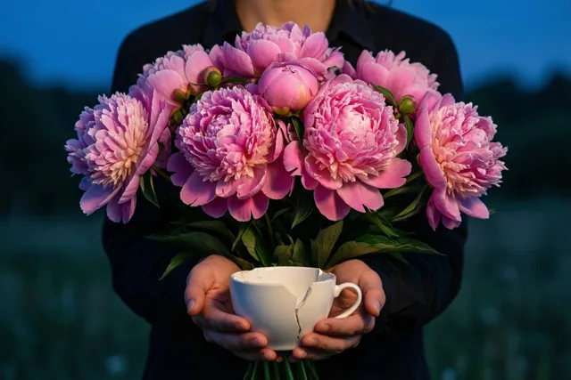 Iemand in een donker hemd houdt met beide handen een groot boeket roze pioenen vast naast een gebroken wit theekopje, tegen een schemerblauwe achtergrond.