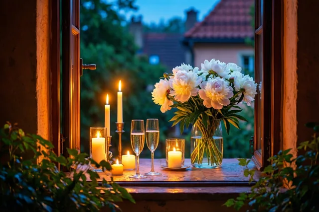 Op een vensterbank staan bij schemering brandende kaarsen, twee champagneglazen en een vaas met witte pioenen, met een schemerblauwe achtergrond buiten.
