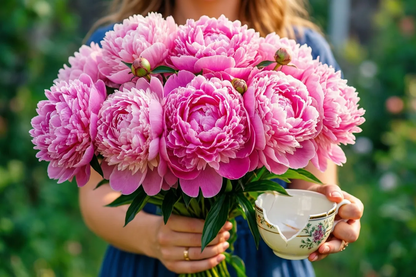 Iemand houdt met beide handen een groot boeket roze pioenen vast naast een porseleinen theekopje waar een stukje af is, in een groene tuin.
