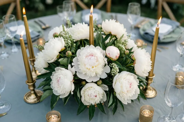 Een trouwtafel met een lichtblauw tafelkleed, glazen en borden is versierd met witte pioenen, groen en hoge gouden kaarsen in houders.