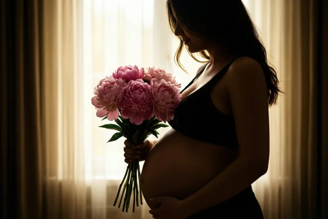 Een zwangere vrouw is als silhouet te zien bij een helder raam, met roze pioenen tegen haar ronde buik in zacht, warm licht.